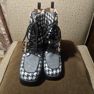 Betsey Johnson Houndstooth Heeled Boots with Black Accents